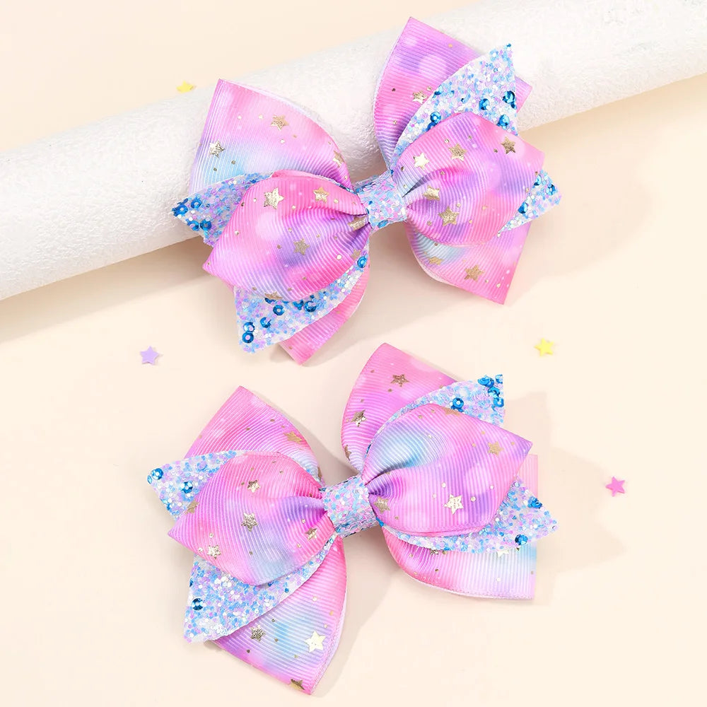 2Pcs Rainbow Star Hair Clips Sweet Glitter Sequin Hairpins New Ribbon Barrette For Girls Children Headwear Hair Accessories Gift party girls
