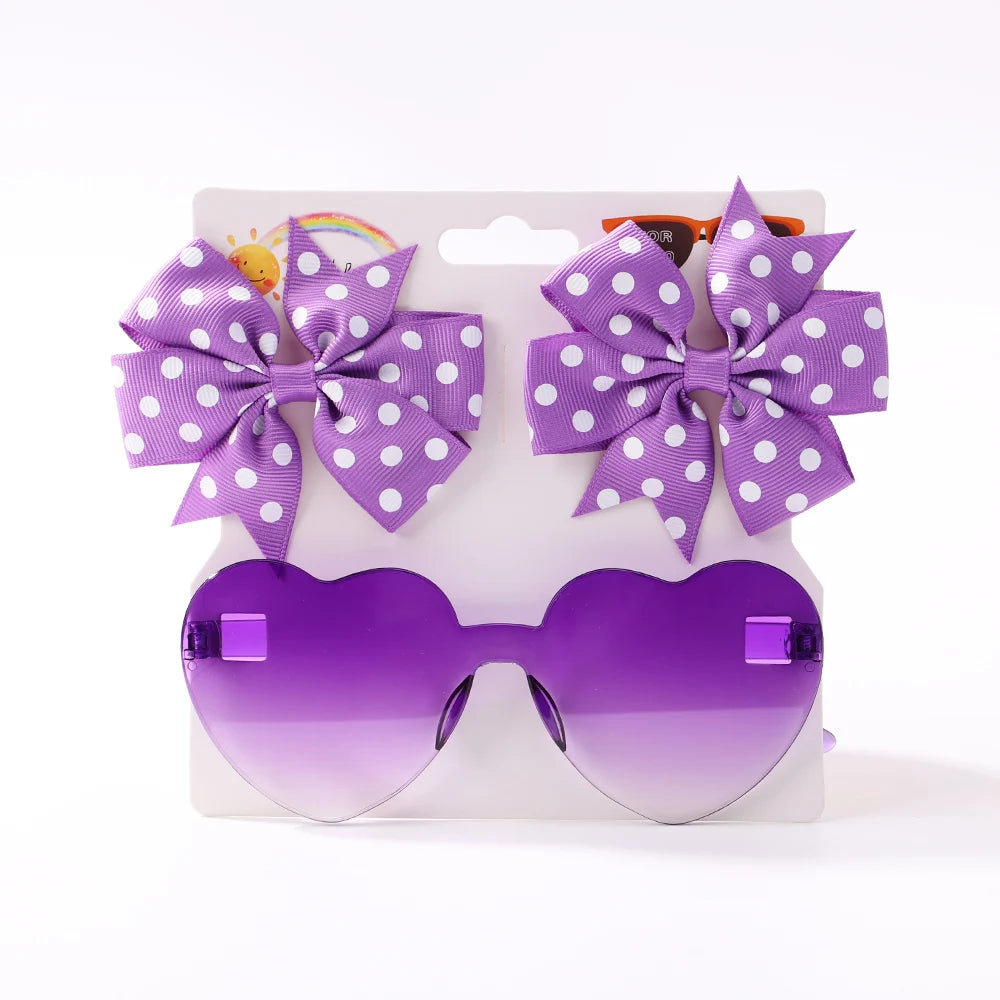 3Pcs/Pack Solid Dot Hair Bows Clip Girls Boutique Bowknot Hair Clips Kids Colorful Heart Sun Glasses Children Hair Accessories toddler photo shoot prop sent without the card packaging