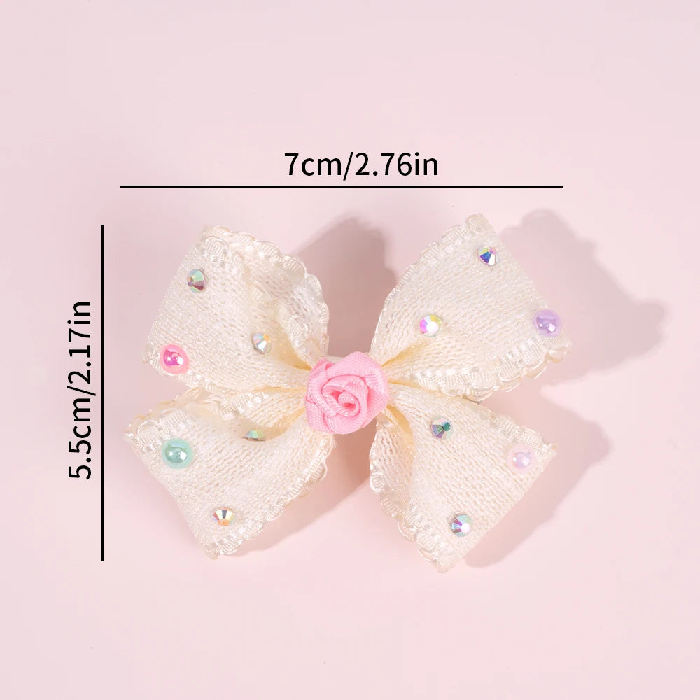 2Pcs Sweet Flower Bow Hair Clip Korean Solid Rose Rhinestone Barrettes Side Hairpins For Girls Children Headdress Accessories