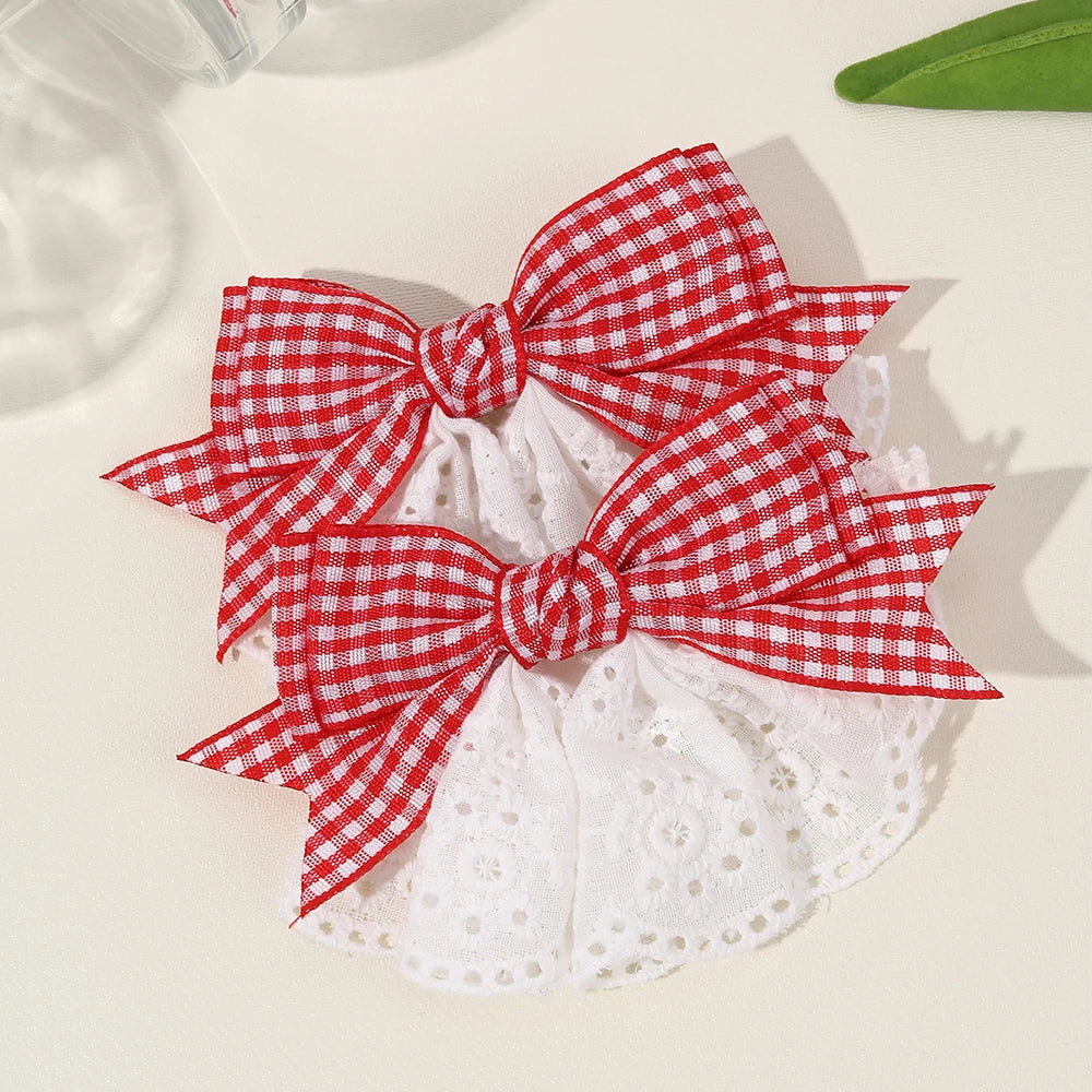 2Pcs New Korean Red Plaid Bow Hair Clips For Girls Cute White Lace Flower Hairpins Sweet Daily Trendy Headwear Hair Accessories
